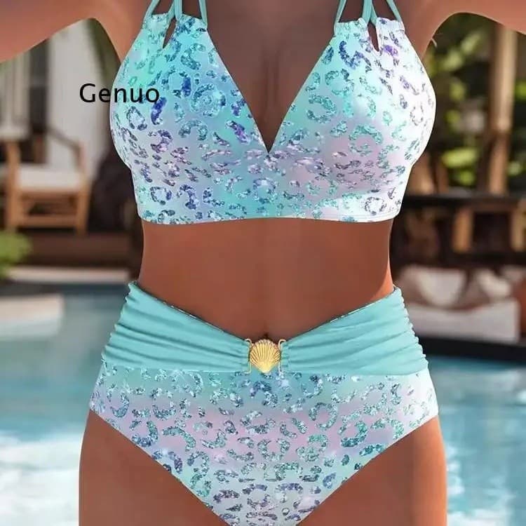 Conjunto De Biquíni Feminino Gradiente Leopardo Estampa Cintura Alta Franzido Fivela Dourada Maiô De Duas Peças