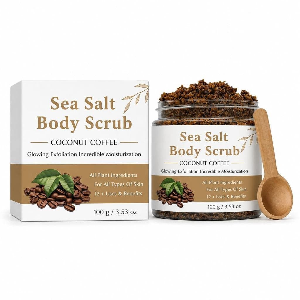 Esfoliante Corporal de Coco, Café e Sal Marinho, 100g, esfoliante corporal, vem com uma colher de madeira. (1 pacote de