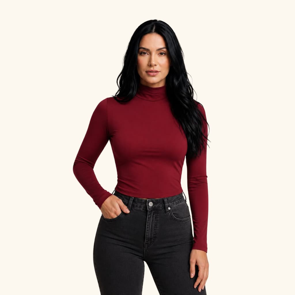 Body Feminino Gola Alta  Manga Longa Elegante Casual