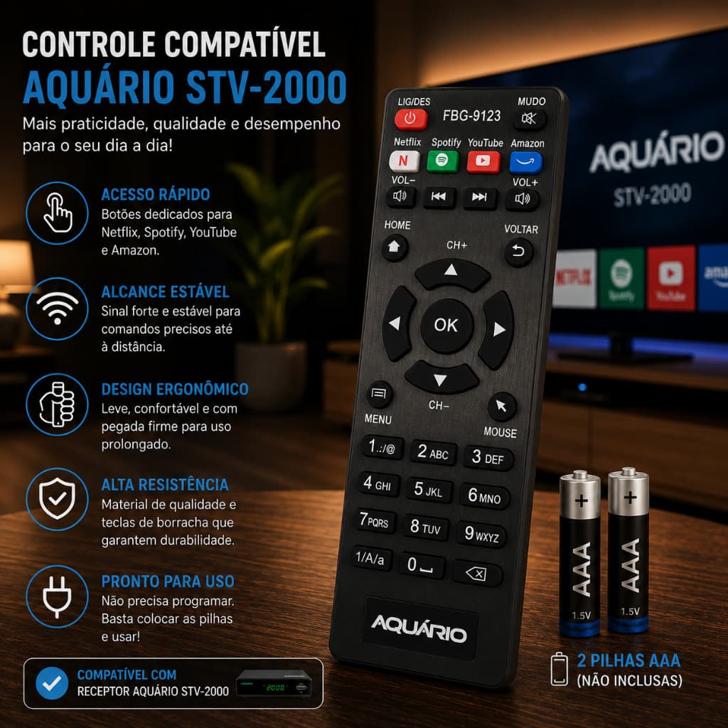 KIT Controle TV Aquário STV 2000 FBG 9123 + Pilhas Inclusa