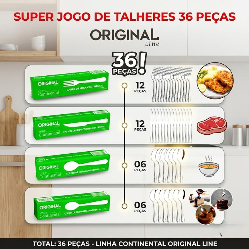 Jogo 36 Peças Talheres Metal  Inox Restaurante Original Line