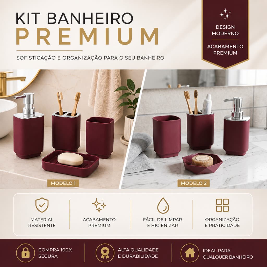 Kit Banheiro 4 Peças Premium Plástico – Porta Sabonete Líquido, Porta Escovas, Copo e Saboneteira Vinho