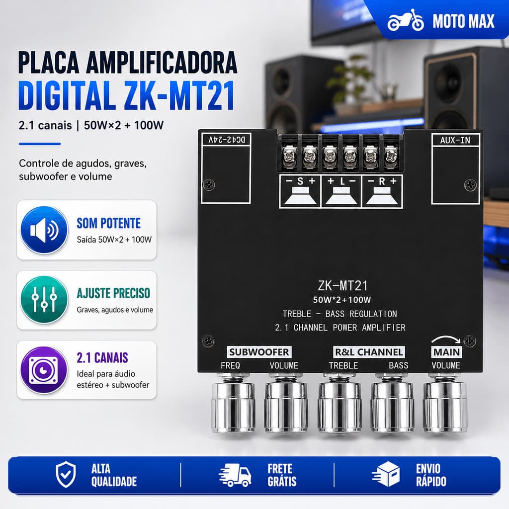 Placa Amplificadora Digital ZK-MT21Para Canal Bluetooth 2.1 De Baixo Tom 5.0  50Wx2 100W Classe D Áudio Estéreo AUX