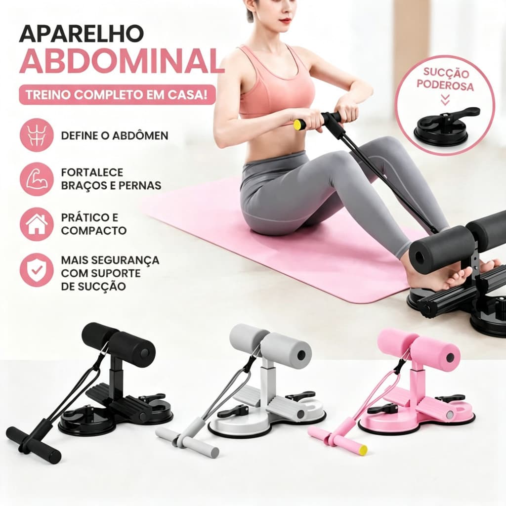 Equipamento Abdominal com Ventosas e Corda Elástica, Ajuste em 3 Níveis, Proteção Abdômen e Joelhos, Para Casa e Ginásio