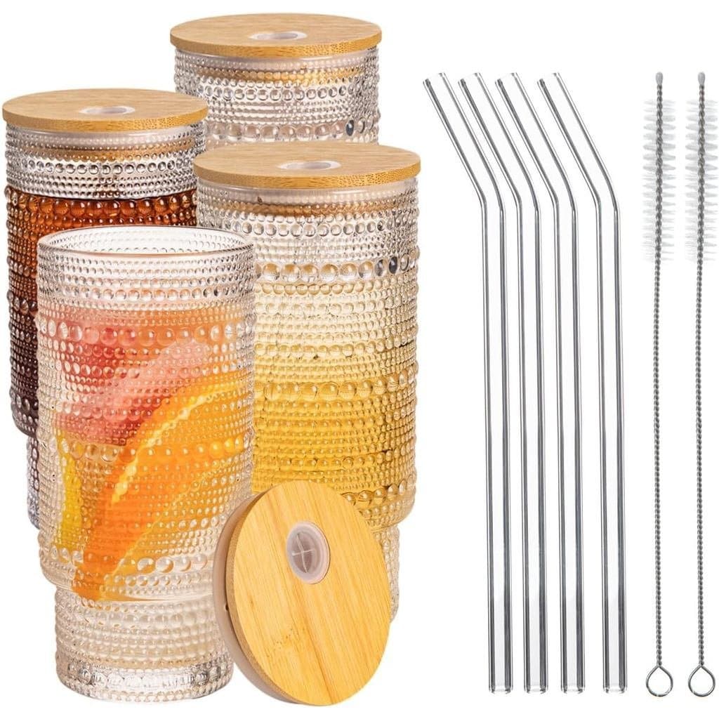 Copos de Vidro com Tampas de Bambu e Canudo de Vidro, Conjunto de 4 Peças, Copos de Vidro de 16oz, Copos para Água, Copo