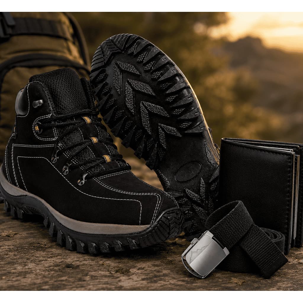 Bota Coturno + Carteira + Cinto Montana Cano Médio Couro Premium Adventure Antiderrapante Trilha Leve