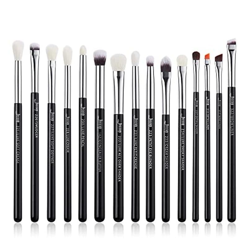Jes Eye Makeup Brushes Set Profissional 15pcs Com Sombra Mistura Corretivo Sobrancelha Eyliner Brush (Preto Pérola/Prata