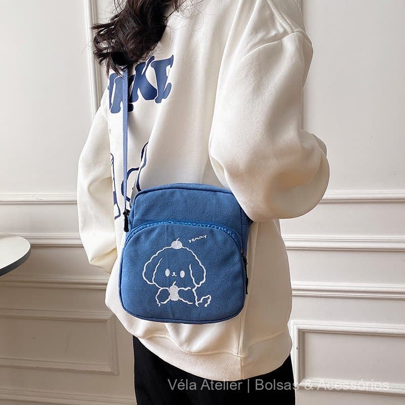Bolsa Transversal Feminina de Lona com Zíper para Passeio e Uso Diário Estilo Coreano