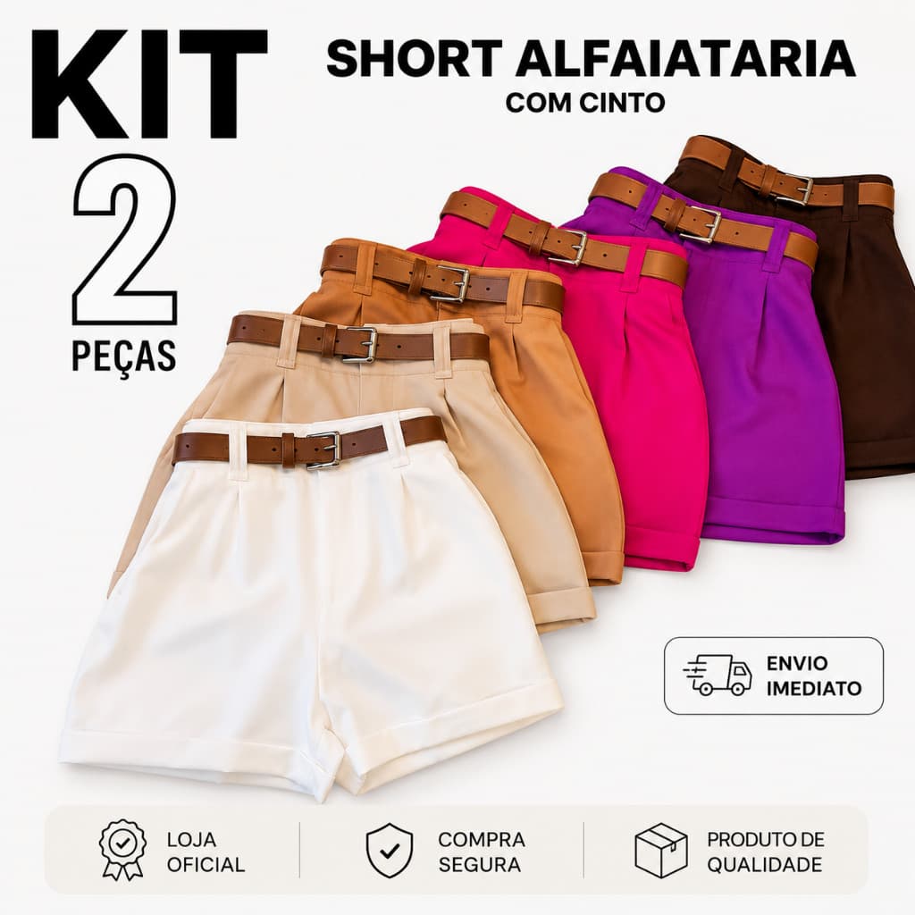 Kit 2 Short Alfaiataria Feminino Com Bolso Com Cinto Cintura Alta