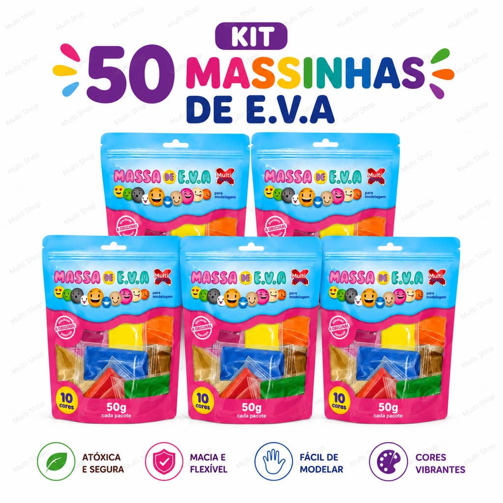 Kit 50 Massinhas E.V.A para Modelagem 10 Cores 50g Atóxica Macia Artesanato