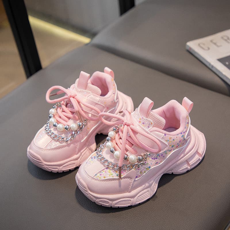4-10 anos de idade crianças rosa pérola corrente sapatos esportivos casuais primavera outono novo estilo sola macia Anti