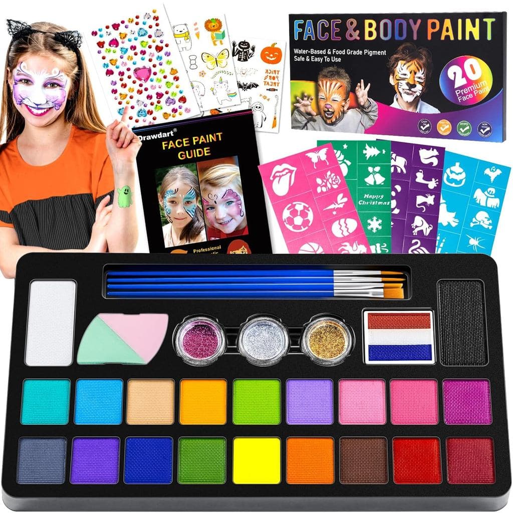 Conjunto de Pintura Facial Infantil Drawdart - 20 Cores de Tinta à Base de Água Não Tóxica, com Estênceis e Pincéis - Co