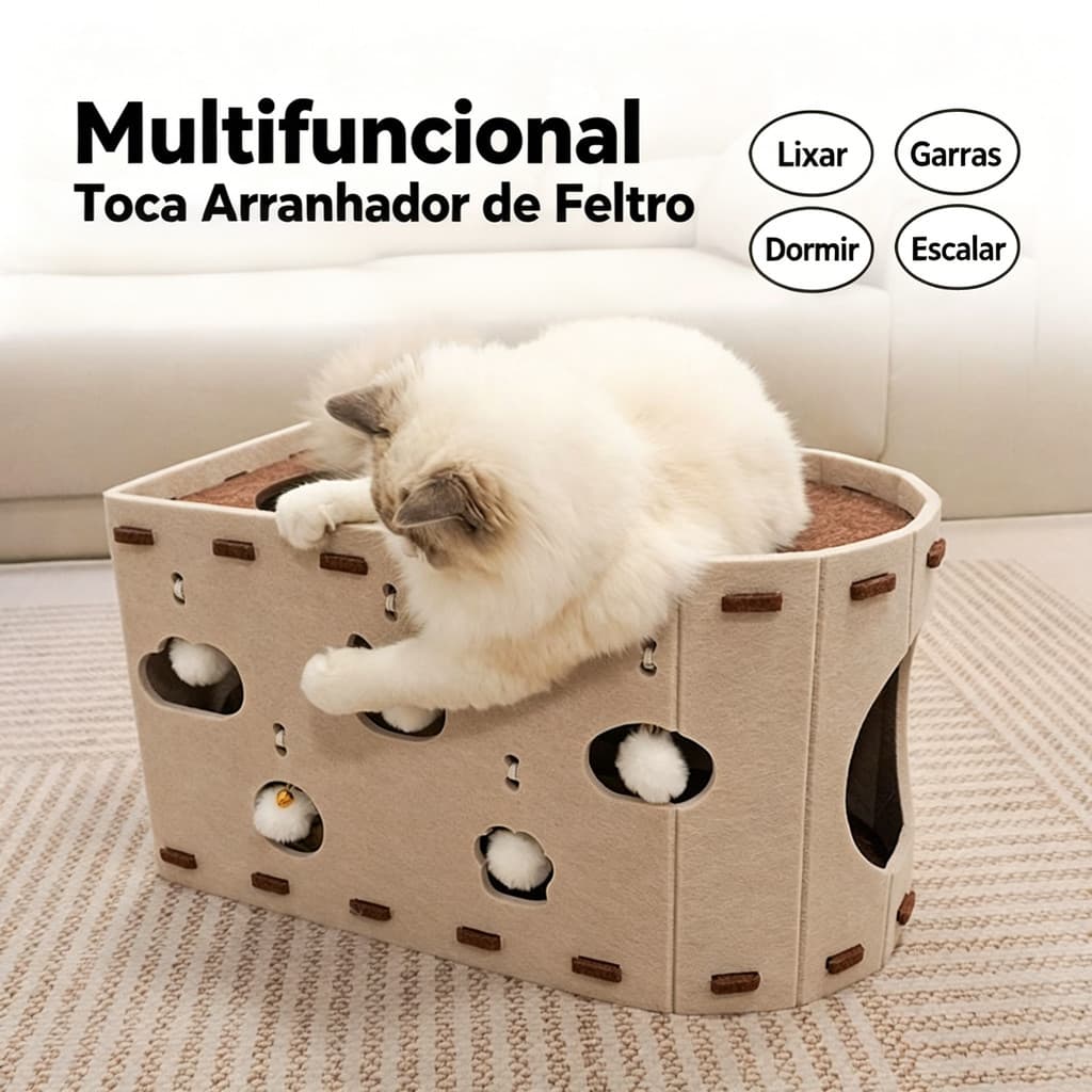 Túnel de feltro para gatos com arranhador e bolinhas pendentes, amplo abrigo para lares com mais de um felino doméstico.