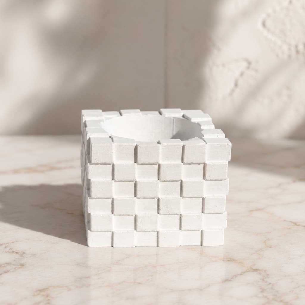 Kit 3 Vasos de Gesso Branco Quadrado 3D Relevo para Suculentas Cactos e Decoração Sala Cozinha