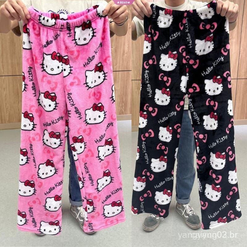 Calças de Pijama Hello Kitty Kawaii Kt Cat para Mulheres, Quentes e Casuais, para Outono e Inverno, Calças de Veludo Col