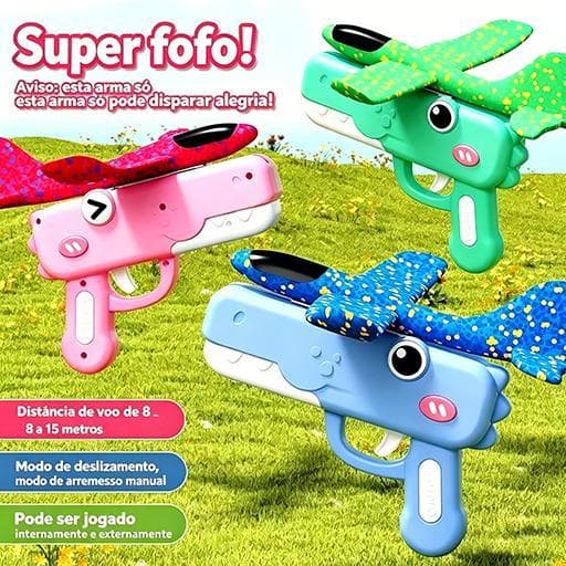Lançador em formato de dinossauro, acompanhado de aviãozinho de espuma perfeito para diversão ao ar livre MARAVILHA