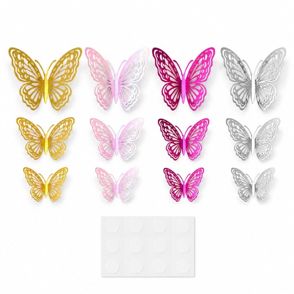 Kit 12 Borboletas 3D Vazadas Adesivas 4 Cores Decoração Parede Festa Quarto