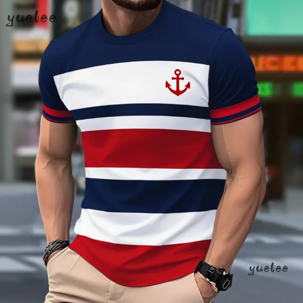 Moda Masculina De Verão 3D T Camisa Emenda Impressa Colorblocking Casual Manga Curta Esportes Ao Ar Livre Correndo Roupa