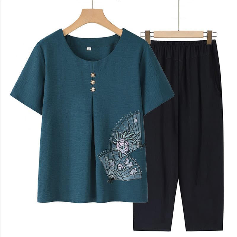 Mãe idosa de meia-idade terno de verão temperamento avó idosa de manga curta camiseta feminina estilo verão 2026 verão n