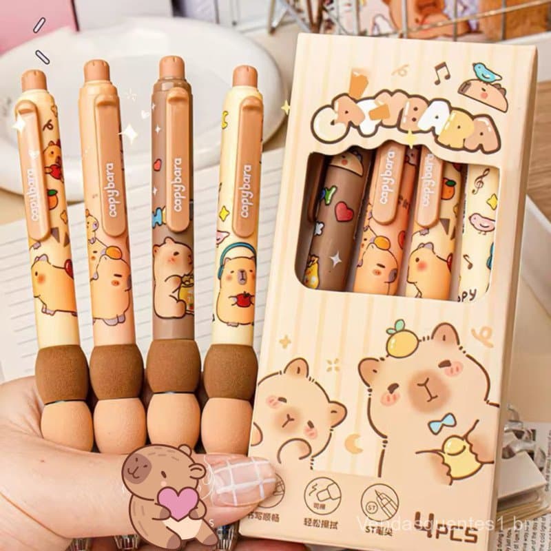 4 Canetas Gel Apagável Capivara Click Conforto c/ Espuma Macia  Papelaria Fofa Kawaii