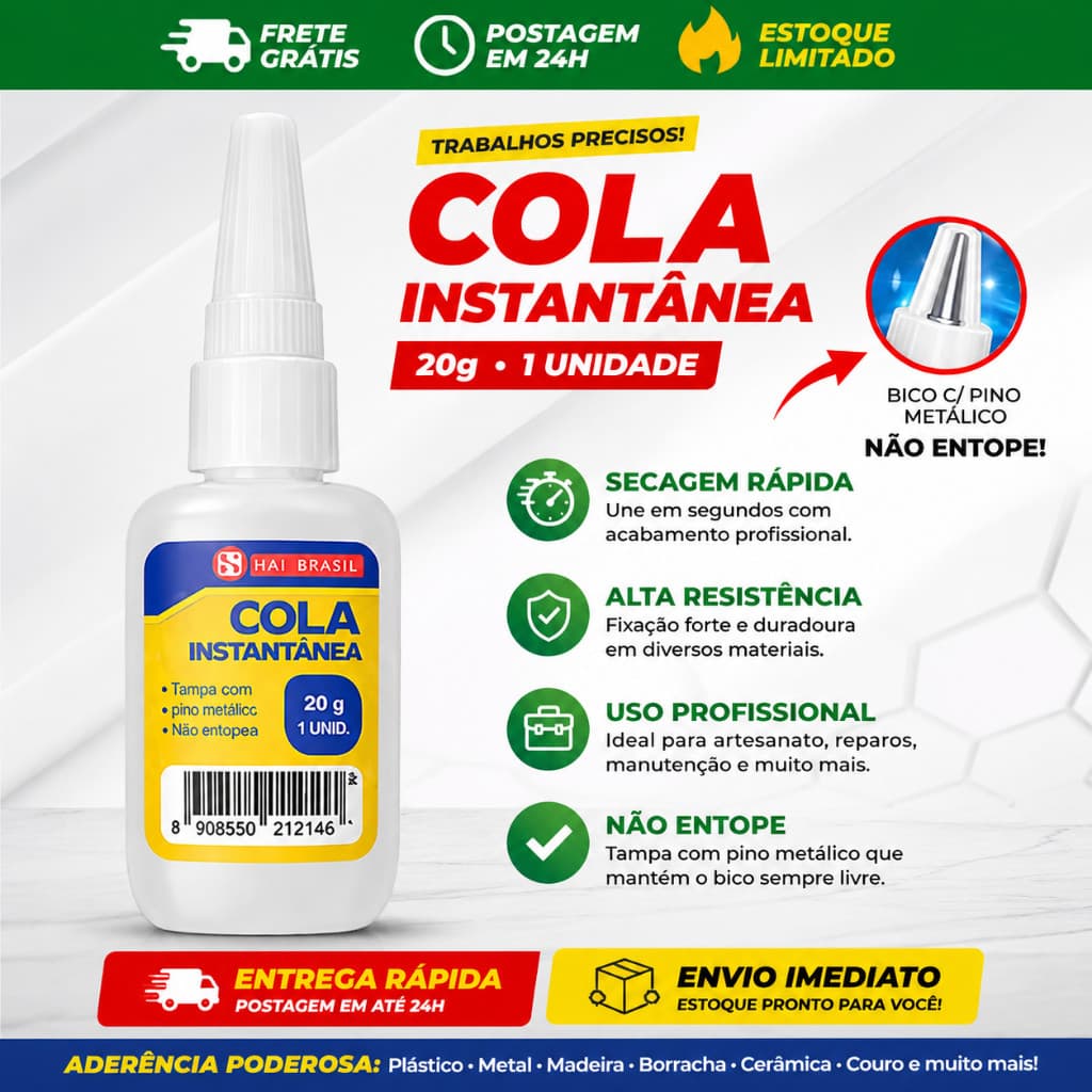 Cola Adesiva Instantânea 20g - Secagem Rápida e Alta Viscosidade - Unhas