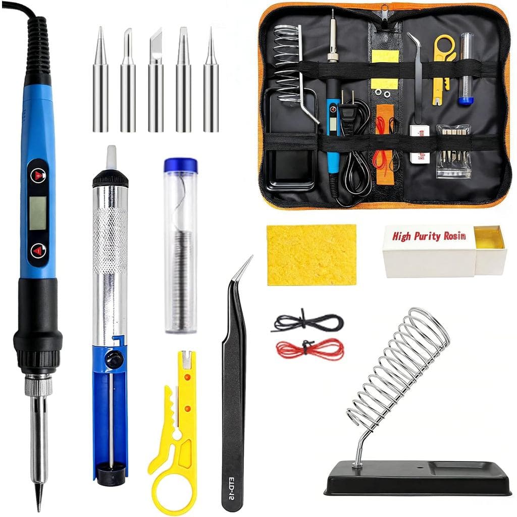 Kit de Ferro de Solda 13 em 1, Ferro de Solda de 90W com Display LED e Temperatura Ajustável, Inclui 5 Pontas, Bomba de