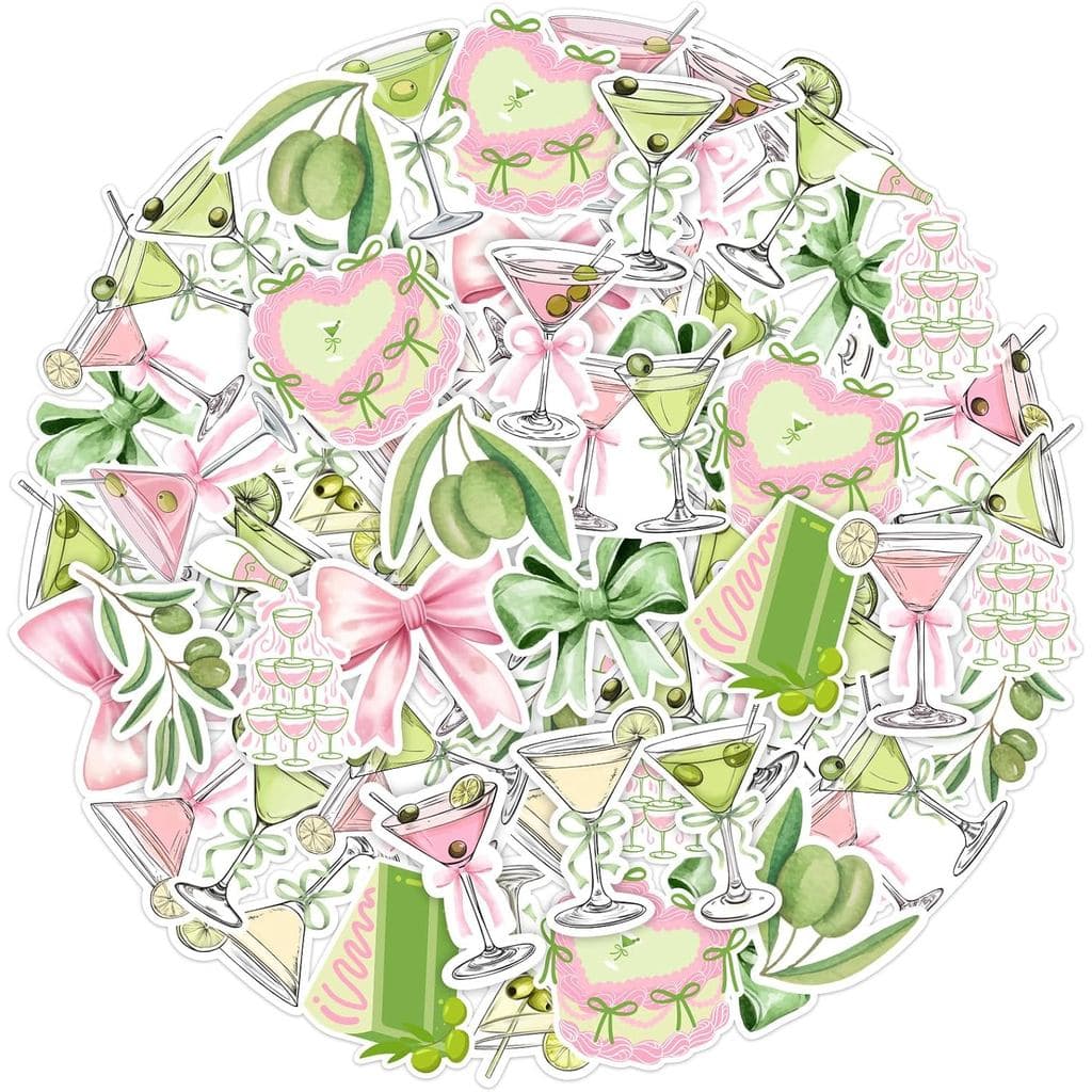 Serencatcher 100 Adesivos Temáticos de Martini - Adesivos Rosa e Verde para Festas de Coquetel, para Garrafas de Água, L