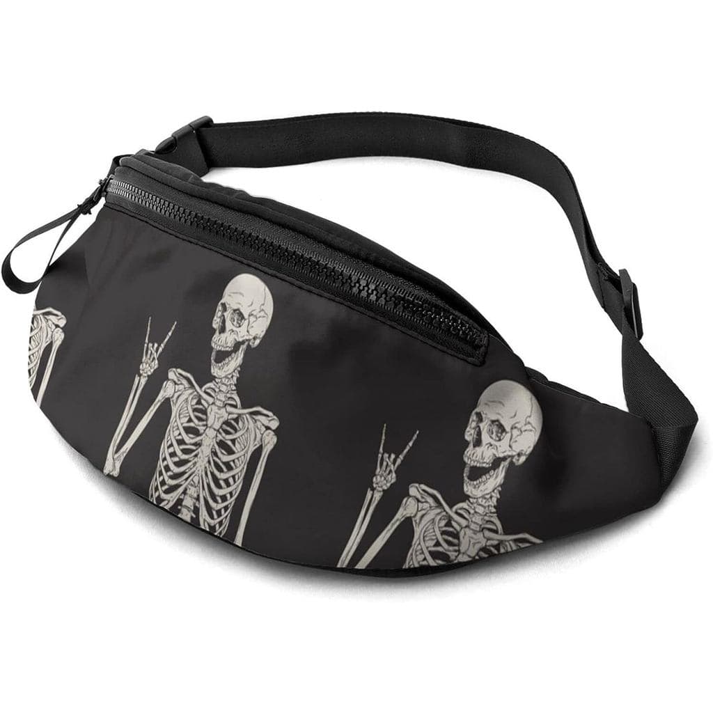 Bolsa de Cintura Esportiva Rock And Roll com Estampa de Caveira Esqueleto Boho Hippie para Mulheres e Homens, Ajustável,
