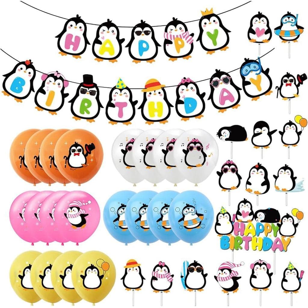 Decoração de Festa de Aniversário com Tema de Pinguim, Faixa de Feliz Aniversário com Pinguim, Balões de Látex, Topper d