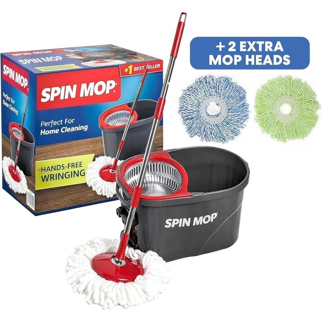 Sistema de Limpeza com Mop Giratório Simpli-Magic 79349 com 3 Cabeças de Mop de Microfibra, Vermelho/Cinza, Vermelho/Pre