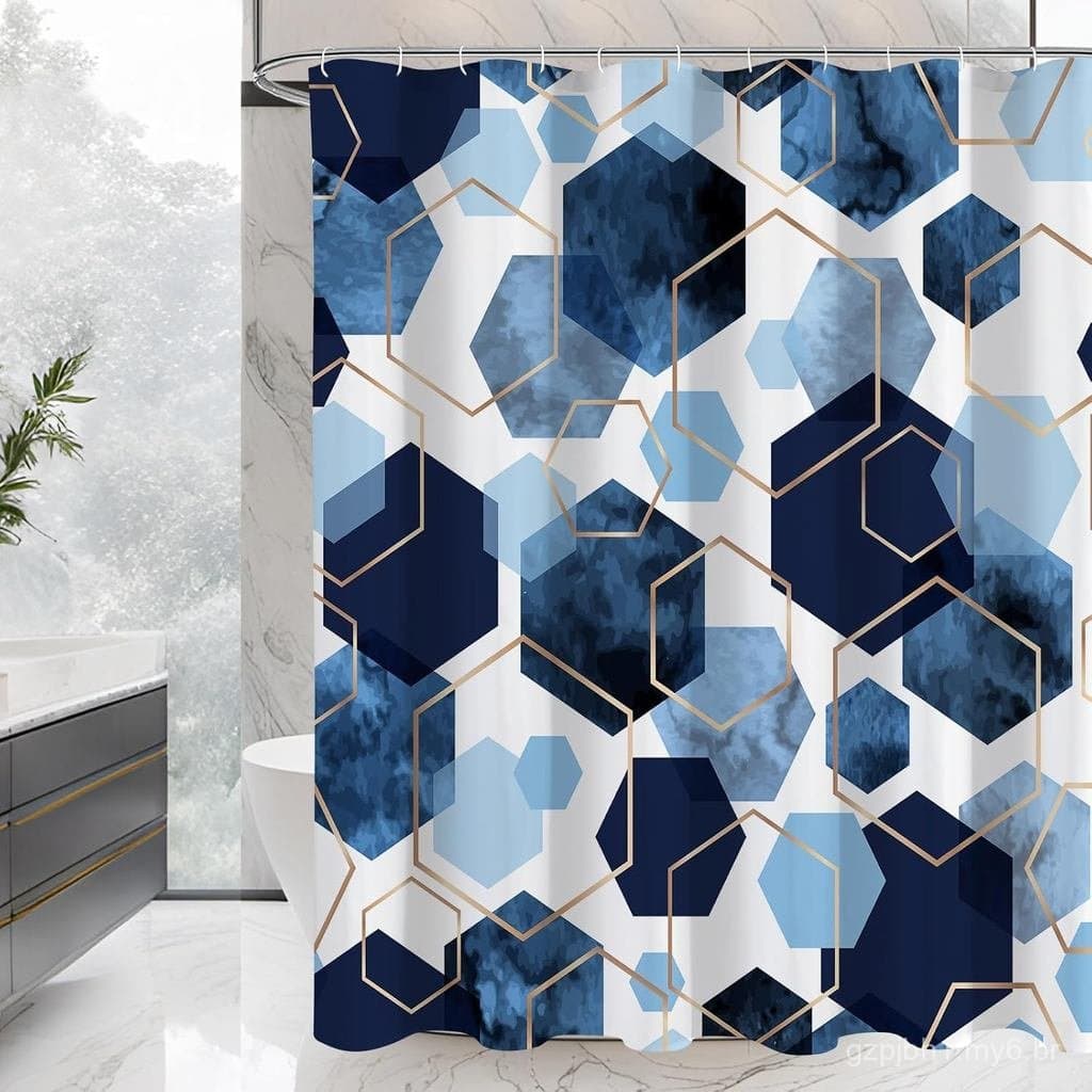 Conjunto de Cortina de Chuveiro Azul, Cortina de Banheiro Impermeável com Decoração Artística Geométrica Moderna, Cortin