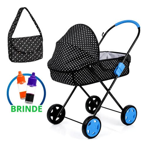 Carrinho Xikitinha Preto & Azul Para Bebê Reborn Com Bolsa