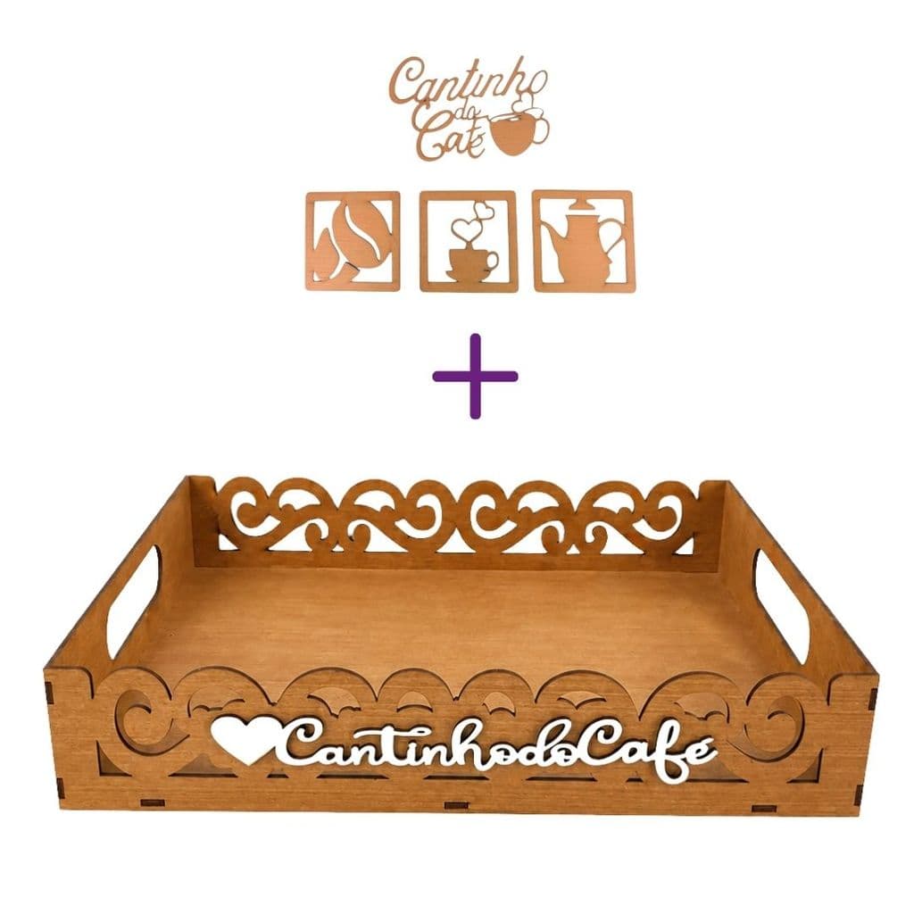 Kit Bandeja Cantinho Do Café + 4 Quadros Café Decorativos Organizador Provençal Para Garrafa Xícaras
