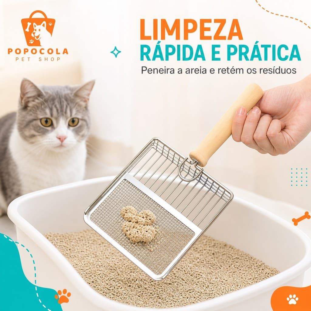 Pá Grande para Areia de Gato em Aço Inoxidável com Cabo de Madeira Colher Peneiradora Portátil para Caixa Sanitária