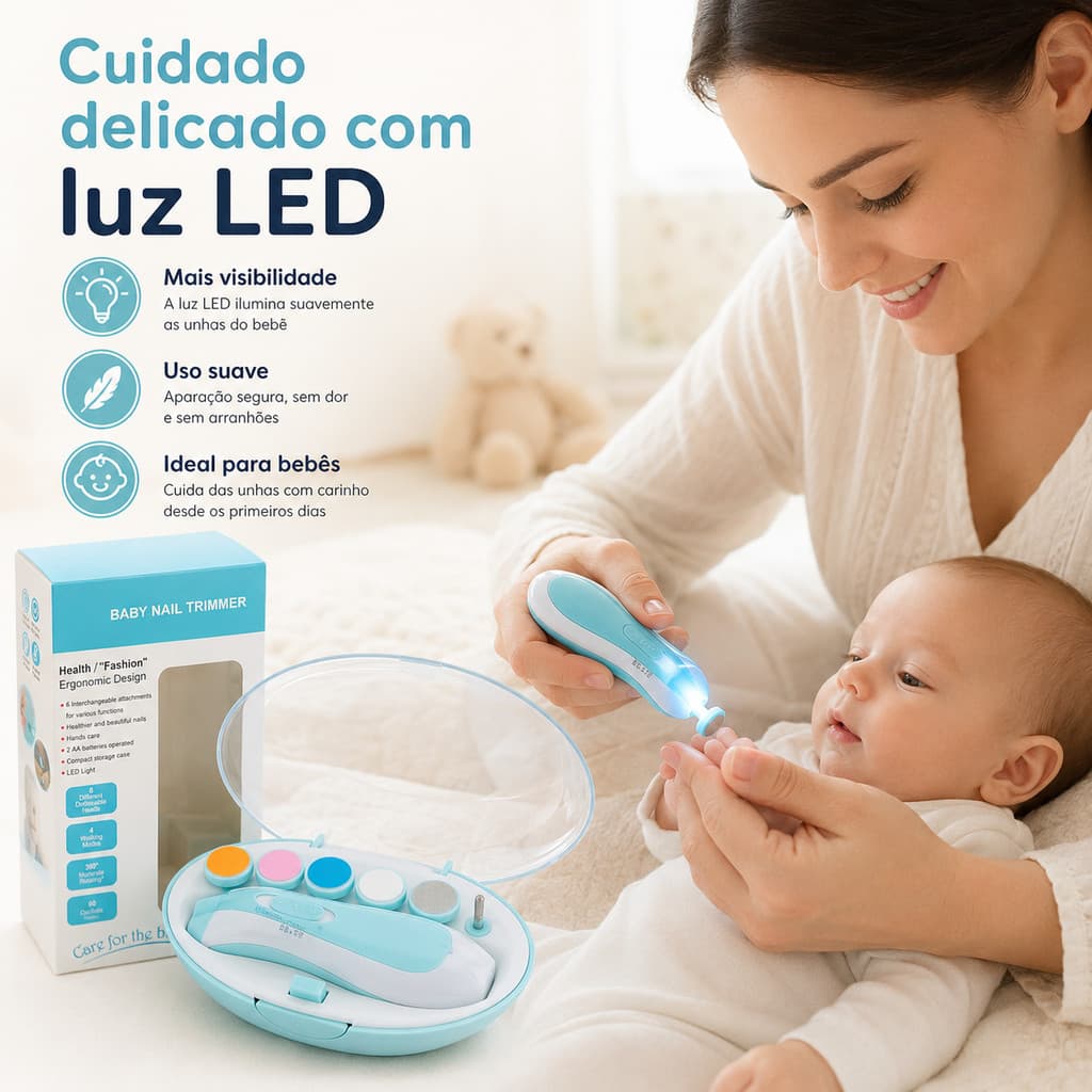 Lixa Elétrica de Unhas para Bebê com Luz LED 6 Acessórios Kit Manicure Infantil Portátil Azul