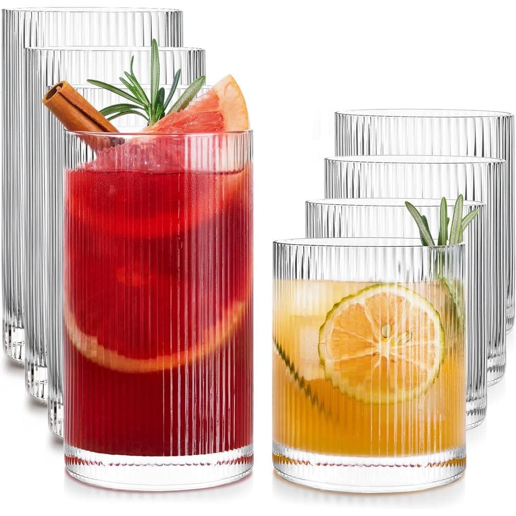 Conjunto de Copos de Vidro para Beber Água, Conjunto de 8 Copos de Vidro Transparente com Relevo, 17oz e 12oz |   Copo d