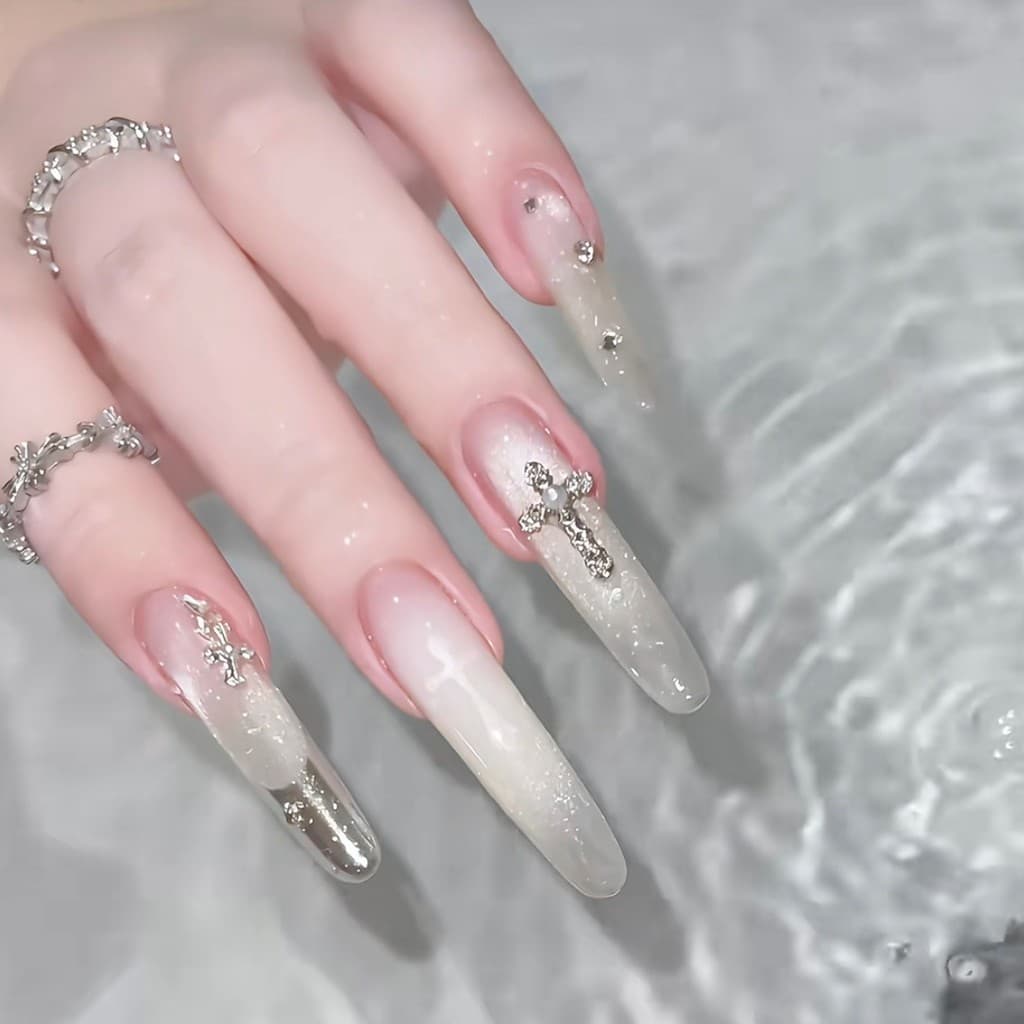 10 peças de unhas postiças artesanais estilo balletcore de outono com efeito olho de gato a laser e acabamento espelhado