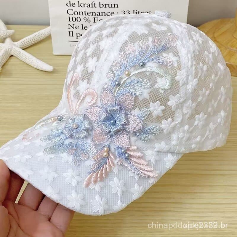 Chapéu de Sol Feminino, Chapéu de Renda Fina, Boné de Beisebol Bordado com Flores 4BQK
