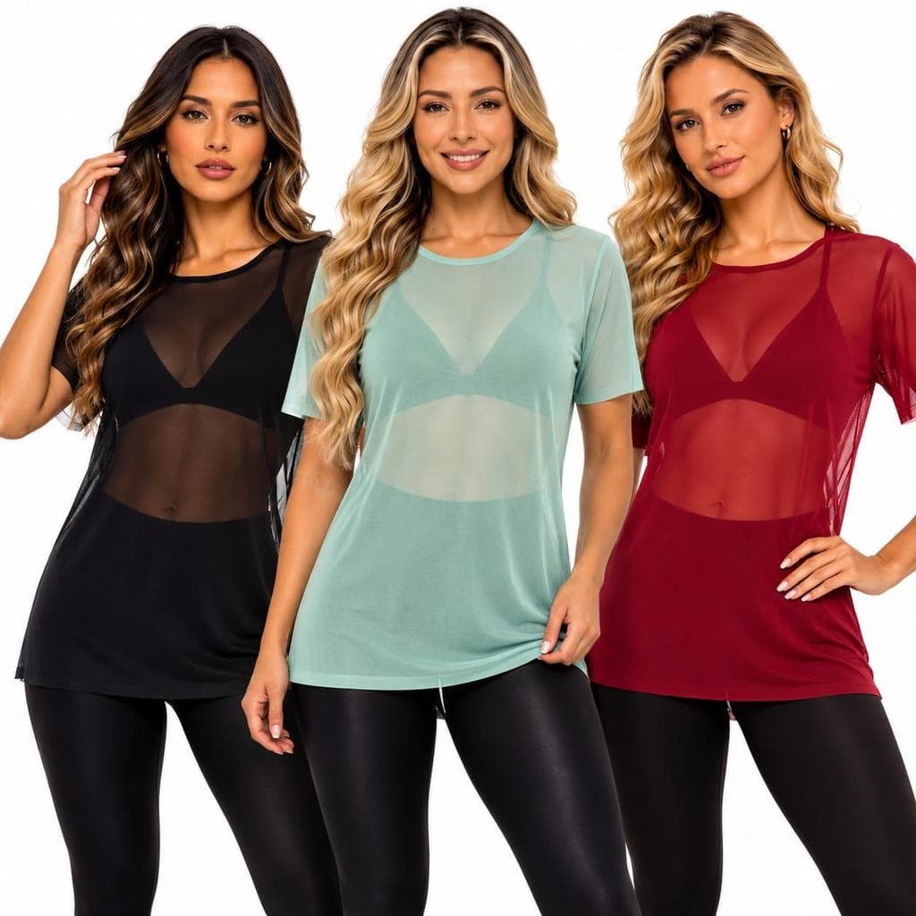Kit 3 Blusas Feminina Academia Praia Tule Transparente Roupa Treino Fitness Leve Confortável Tecido Respirável Soltinho