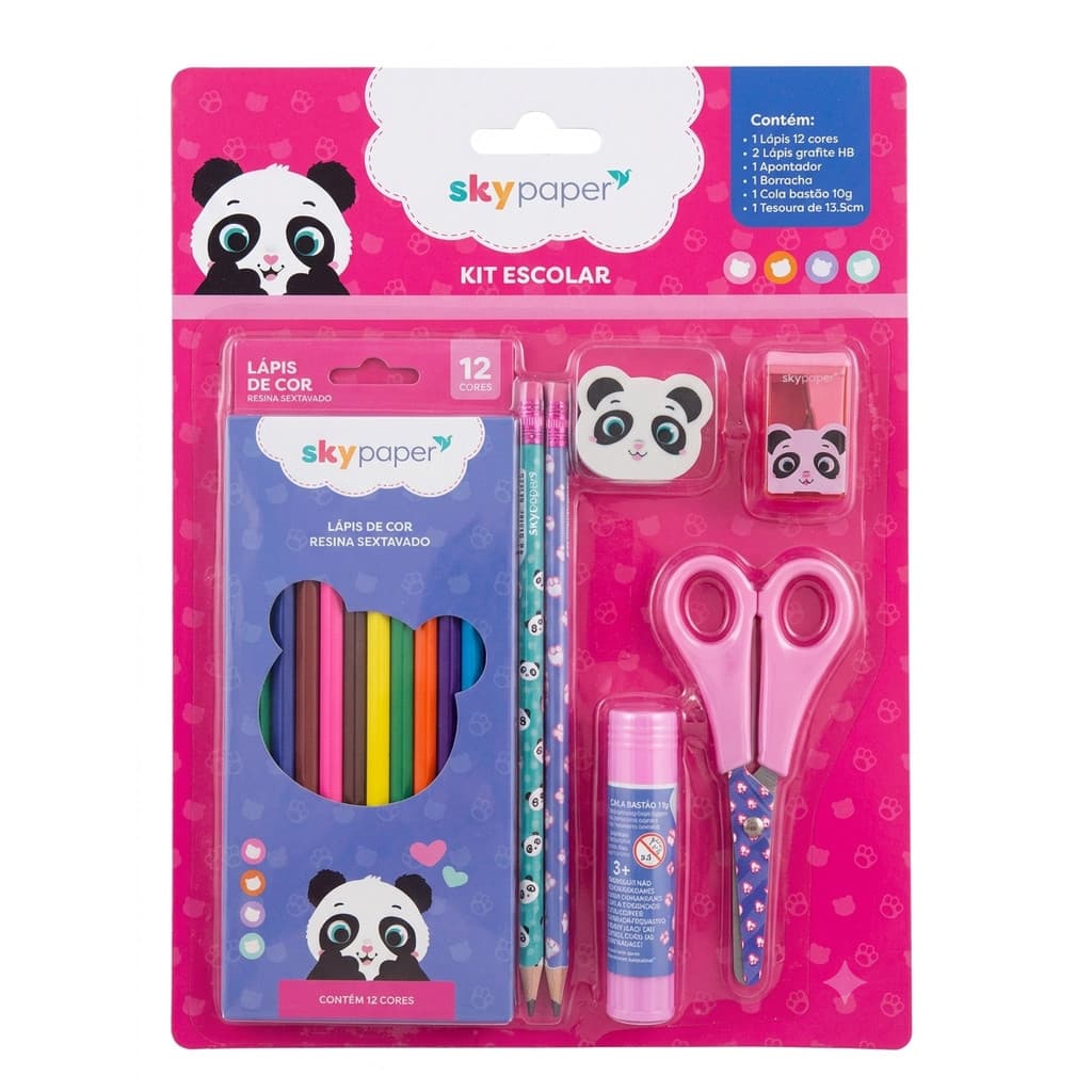 Kit Escolar Infantil Panda Rosa 18 Peças Sky Paper - Volta ás Aulas