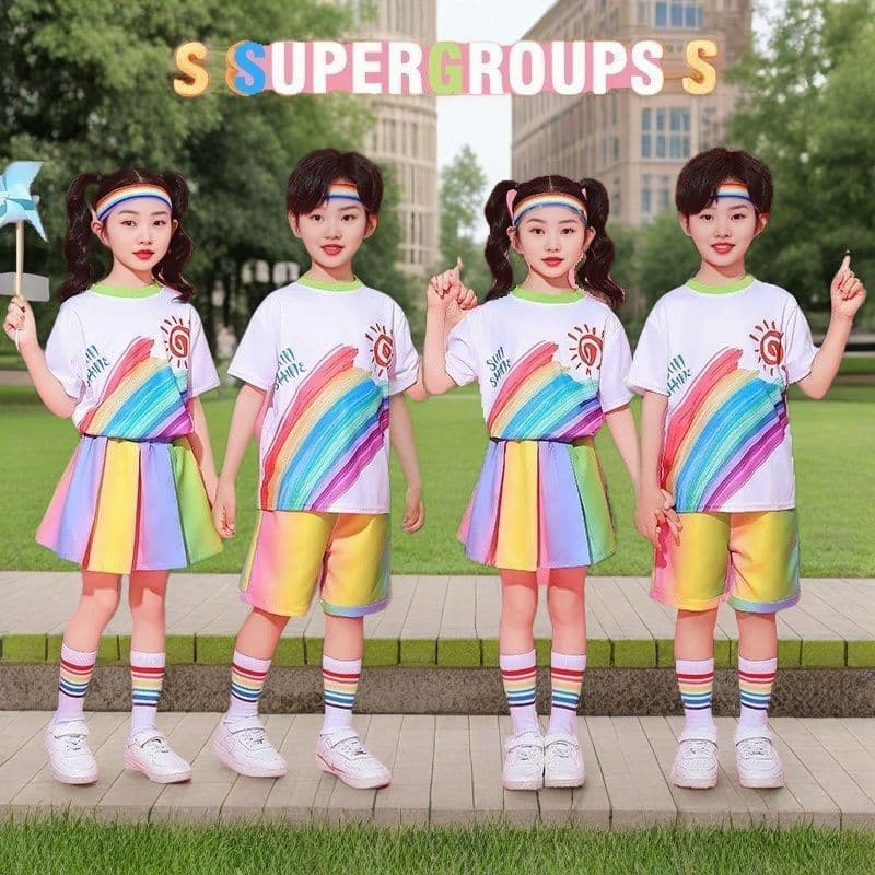 Dopamina arco-íris Cheerleading jardim de infância pequenos jogos coro traje classe uniforme arco-íris traje das criança