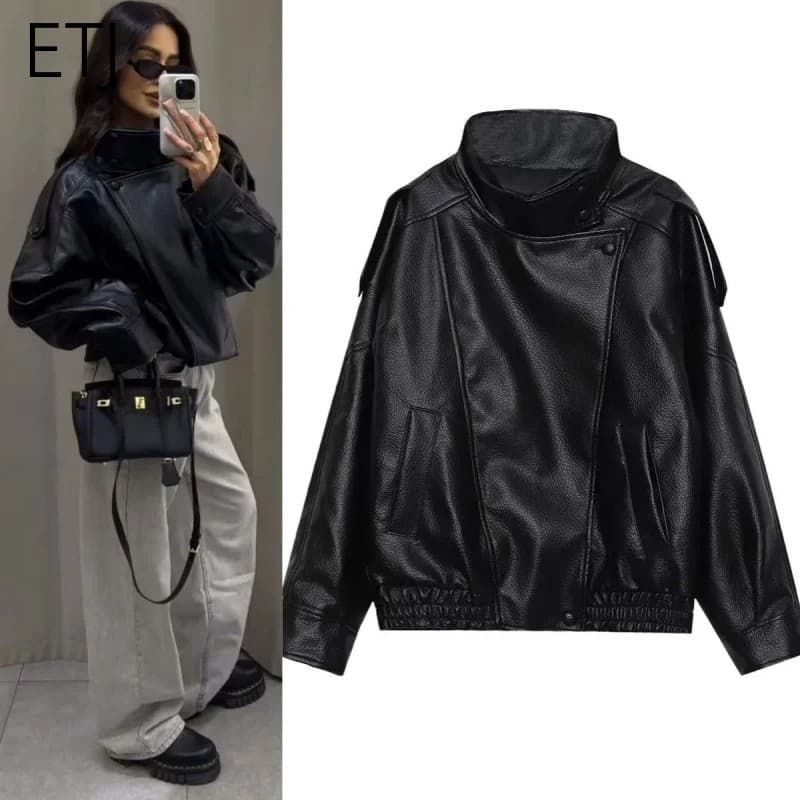 ETJ 2025 nova jaqueta feminina de couro sintético com gola alta, versão solta, estilo urbano, moderna e elegante.