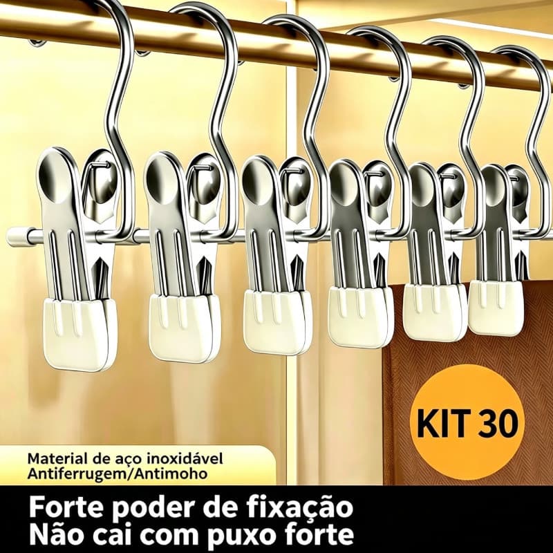 Kit 30 Cabide Roupa Ganchos de Calça Bermuda Saia Jeans Aço Inoxidável Organiza Guarda Roupa