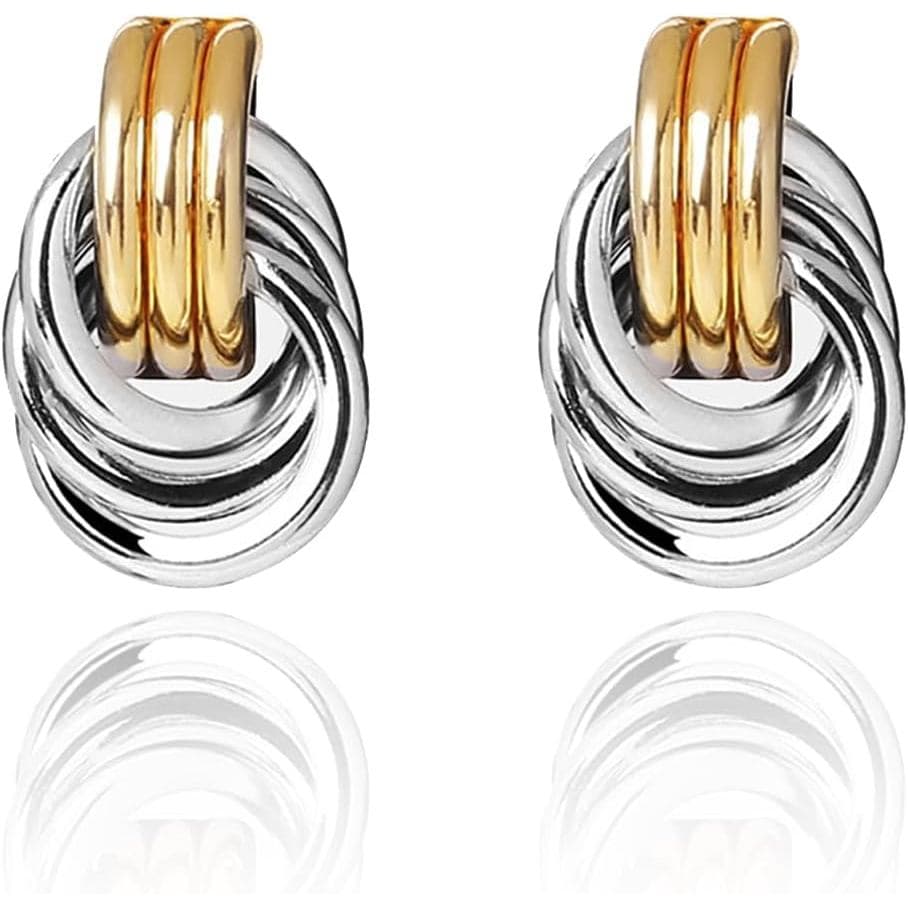 Brincos de Nó Bicolor em Ouro e Prata para Mulheres, Brincos Dourados Elegantes, Brincos de Argola Dupla Grossa, Brincos