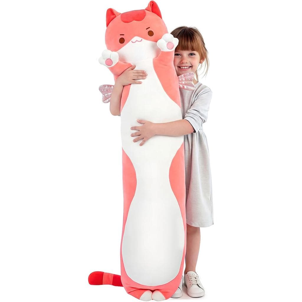 Almofada de Corpo Infantil Mewaii, Pelúcia de Gato Rosa Longa de 53 polegadas, Enchimento Extra, Macia e Fofa |   Tecido