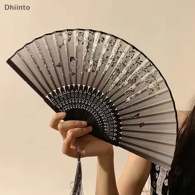 [Ventilador De Bambu Antigo Dobrável Estilo Chinês Verão Dança Feminino Portátil Elegante Mão De Flor Realizada Presente