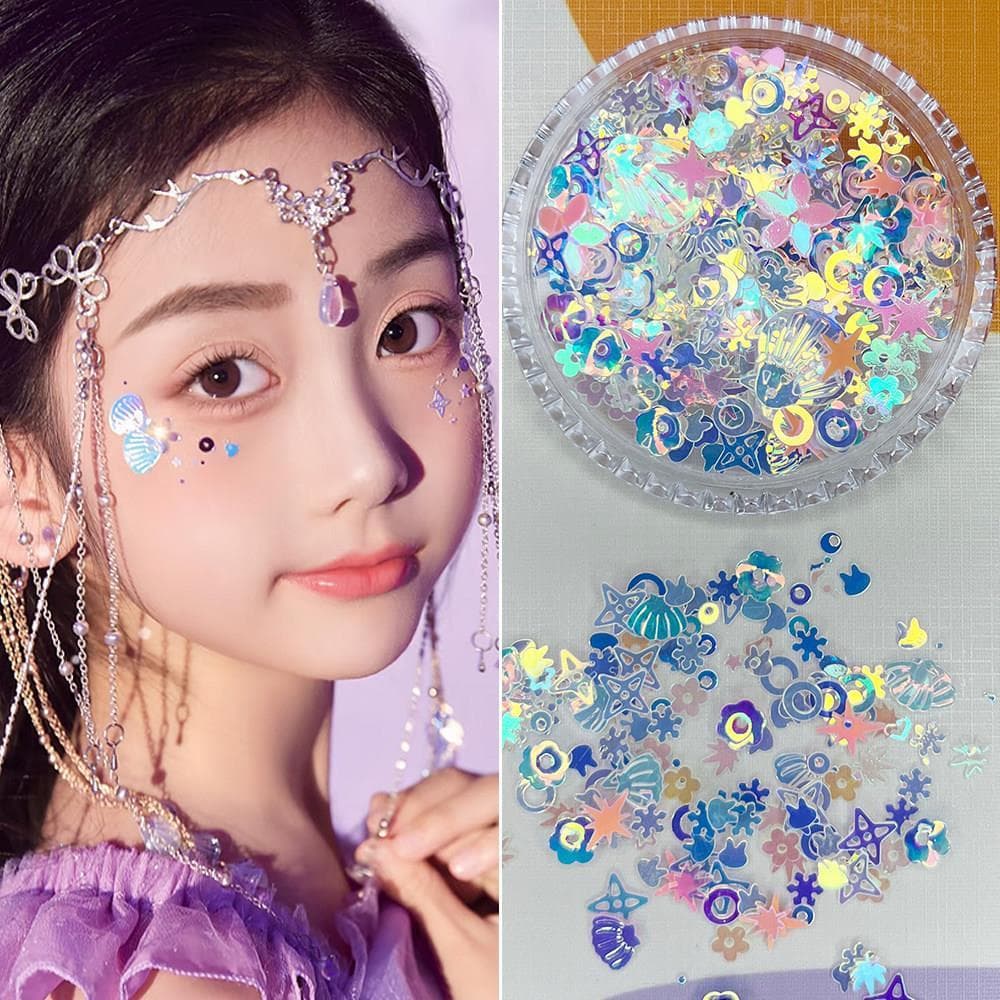 Adesivos de concha para rosto, acessórios de maquiagem, lantejoulas, sereia, maquiagem, sereia, rabo de peixe, Glitter,
