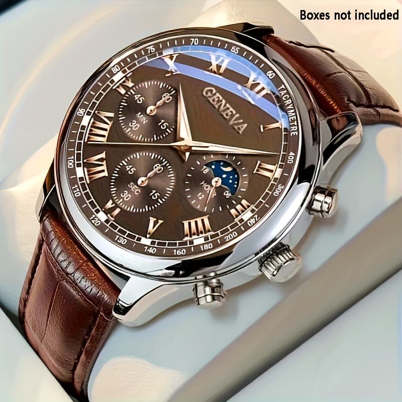 Relógio de Pulso Masculino Luxuoso de Couro Sintético com Ponteiro Redondo e Movimento de Quartzo - Escolha Perfeita par