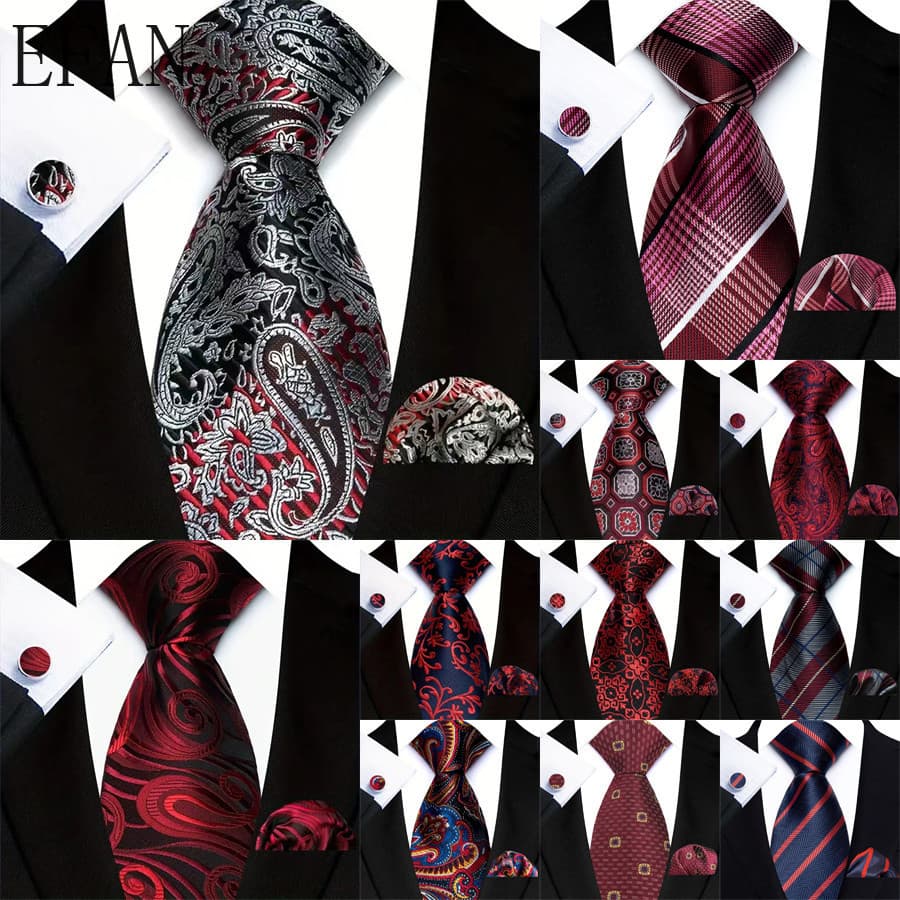 Novidade Marrom Borgonha Vermelho Escuro 8 Cm Gravatas Para Homens Tecido Jacquard Paisley Floral Bolso Quadrado Abotoad