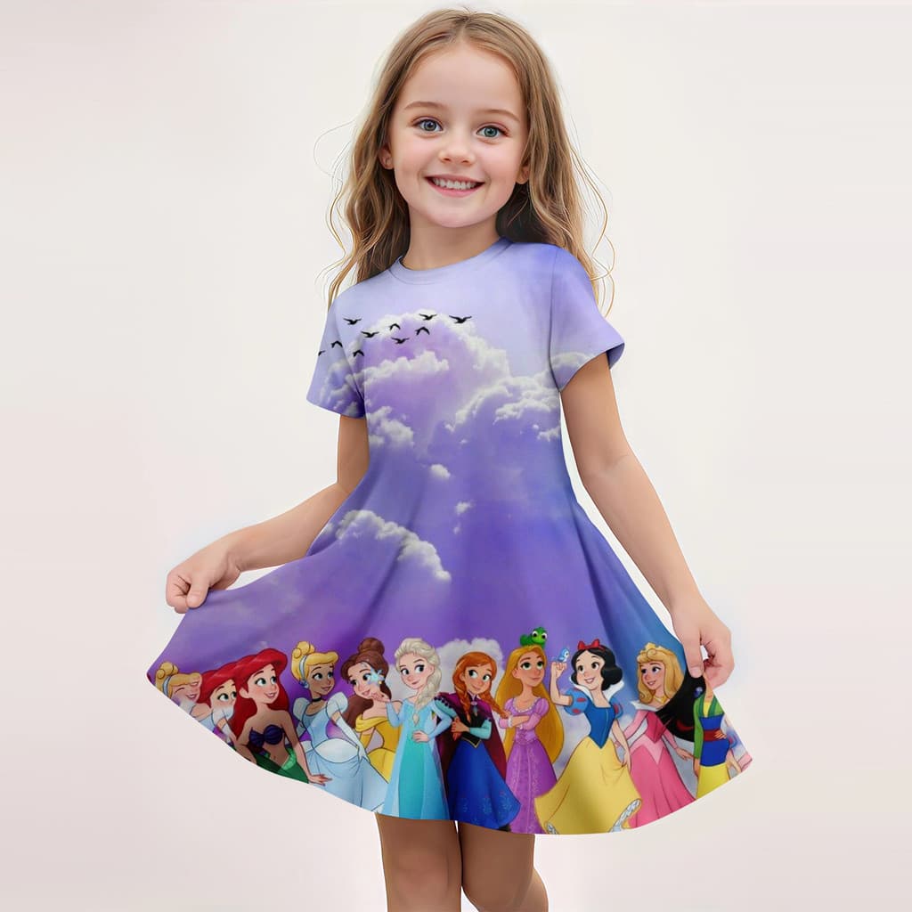 Camiseta Disney Verão Quente Menina Manga Curta Saia Branca De Neve Impresso 3D Padrão Dos Desenhos Animados Vestido De